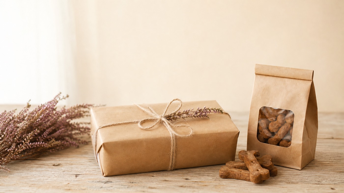 A kraft-paper parcel tied with twine beside a bag of hand-baked dog biscuits and a sprig of Highland heather